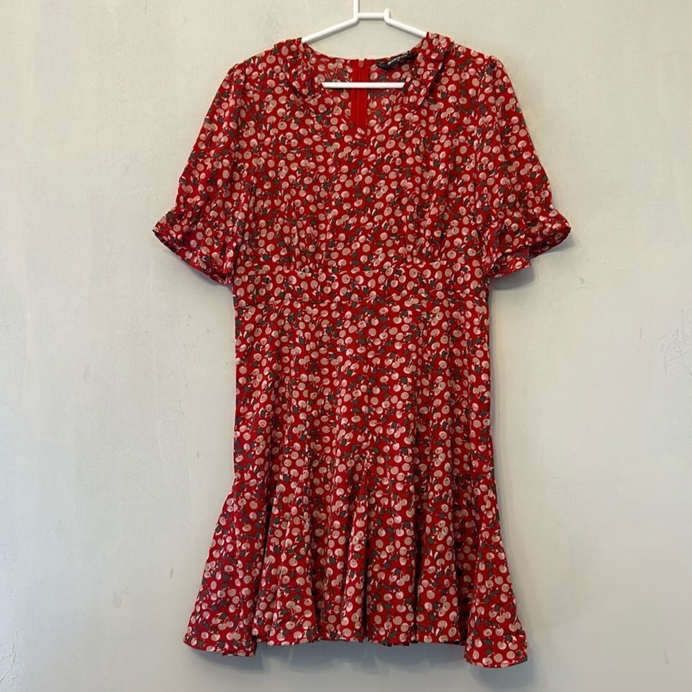 Allegra K red cherry pattern short sleeve ruffle collar dress Size M New